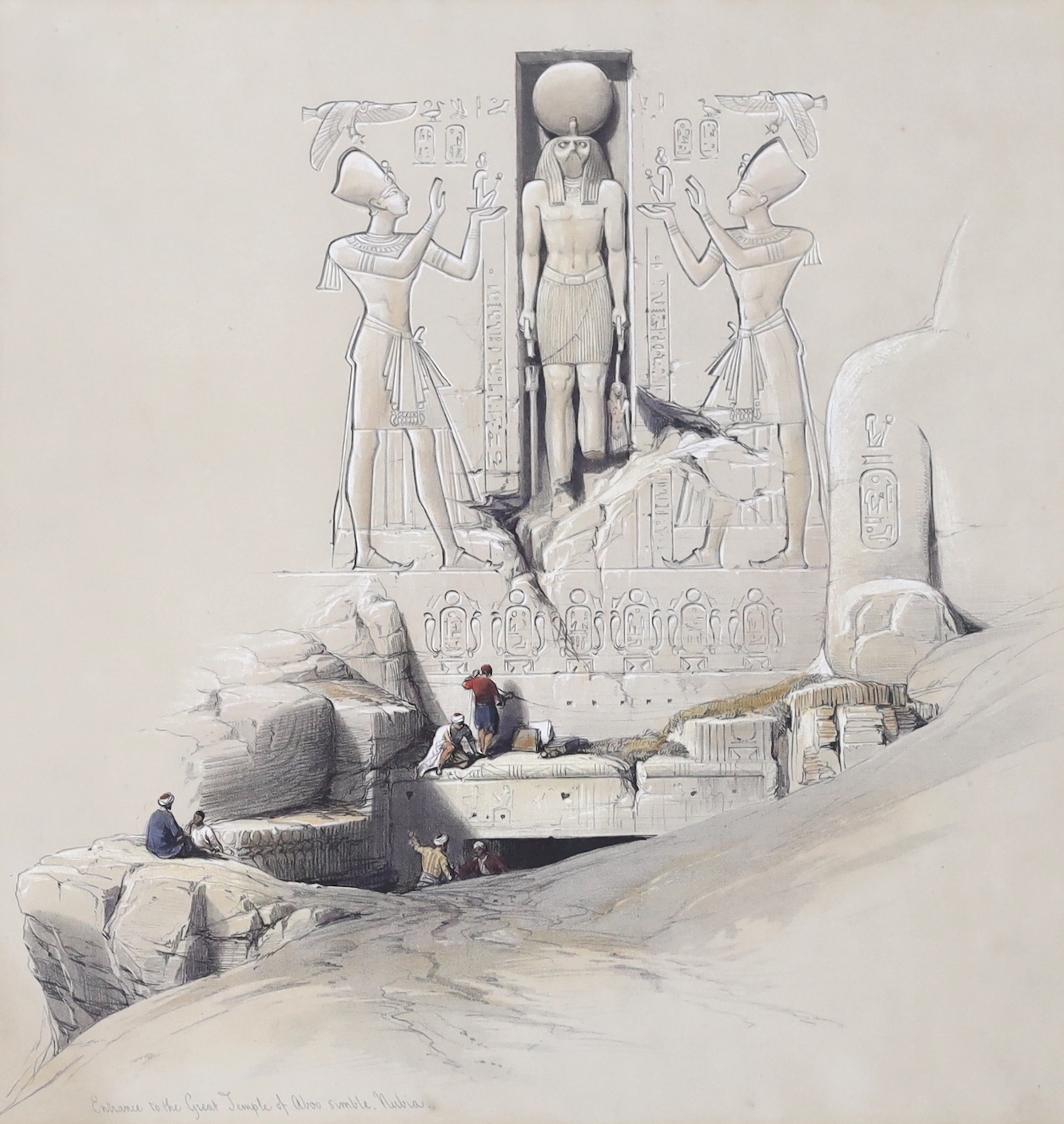David Roberts (Scottish, 1796-1864), colour lithograph, 'Entrance to the Great Temple of Aboo Simble, Nubia', 31 x 29cm